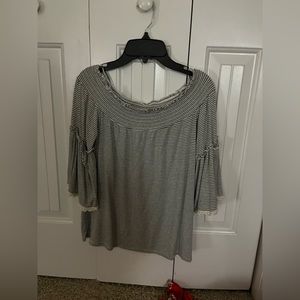 grey and white striped, off the shoulder top